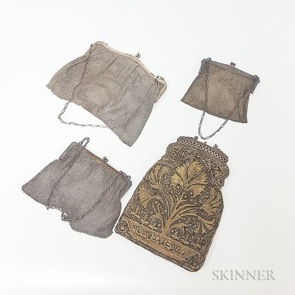 Three Victorian Silver Mesh Pocketbooks and an Embroidered Pocketbook