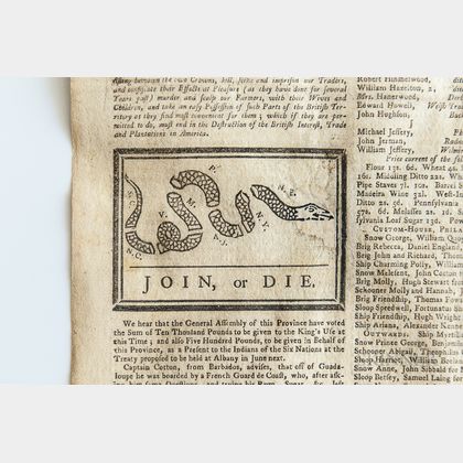 Franklin, Benjamin (1706-1790) Pennsylvania Gazette, May 9, 1754; First Publication of the Severed Snake Political Cartoon: Join, or Di