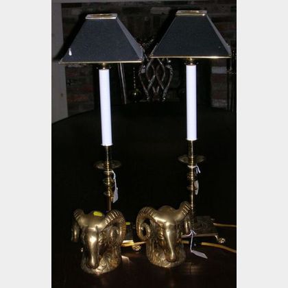Pair of Brass Candlestick Table Lamps with Painted Metal Shades and a Pair of Brass Rams Head Bookends. 