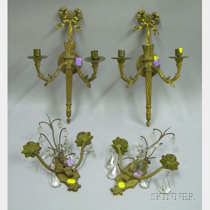 Two Pairs of Continental-style Gilt Cast Bronze and Brass Two-Arm Candle Wall Sconces