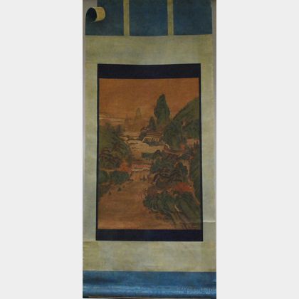 Chinese Gouache on Paper Hanging Scroll Depicting a Landscape with Palace