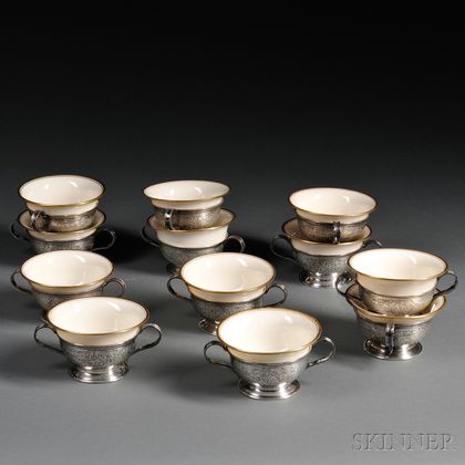 Twelve Norwegian Two-handled Sterling Silver Bowls with Lenox Porcelain Liners