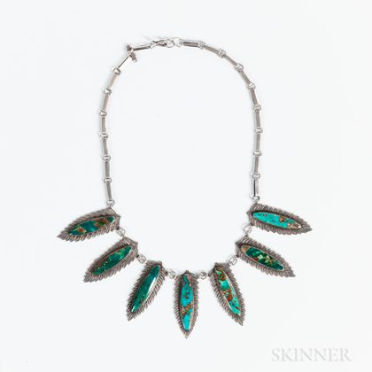 Navajo Silver and Turquoise Leaf Necklace