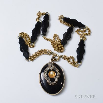 Victorian Gold-filled, Enamel, and Pearl Locket on a Gold-filled and Jet Chain