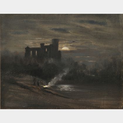 British School, 19th Century Castle in Moonlight