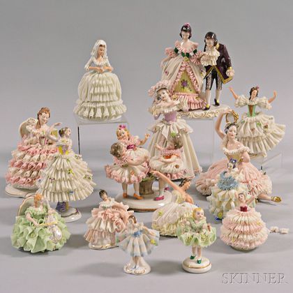 Fifteen Dresden and Dresden-type Porcelain Figures