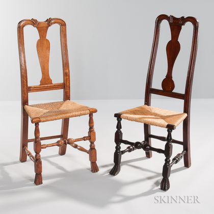 Two Carved Maple Spanish-foot Rush Seat Side Chairs