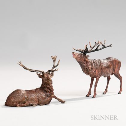 Two Cold-painted Bronze Elk Figures