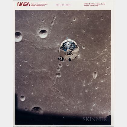 Apollo 11, Command Service Module in Flight, and Shadow of the Lunar Module on the Moon's Surface, July 20, 1969