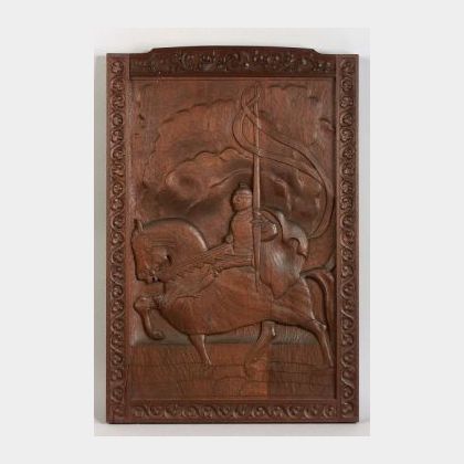 Arts and Crafts Carved Wooden Medieval Horseman Plaque. 