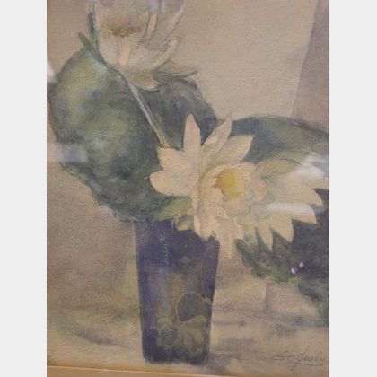 Framed Watercolor Still Life with Water Lilies