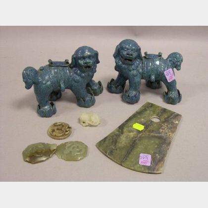 Pair of Chinese Glazed Pottery Foo Dogs, a Jade Axe Head, Carved Two-Part Buckle, Small Dragon, and Hardstone Ornament. 