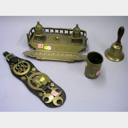 Gothic Revival Cast Brass Inkstand, a Hand Bell, Leather Strap of Three Horse Brasses, and a Japanese Mixed Metal Brush Pot. 