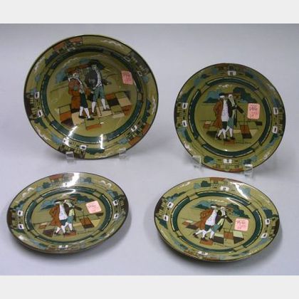 Buffalo Pottery Deldare Ware "Ye Village Streets" Soup Bowl and Set of Three Plates