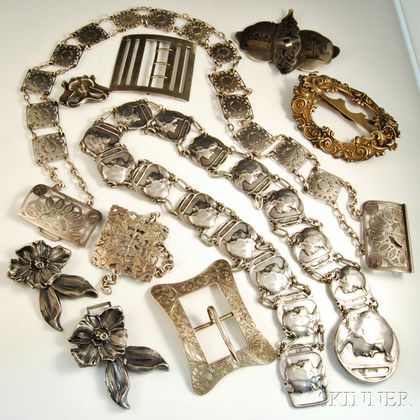Group of Mostly Art Nouveau Sterling Silver Belts and Belt Buckles