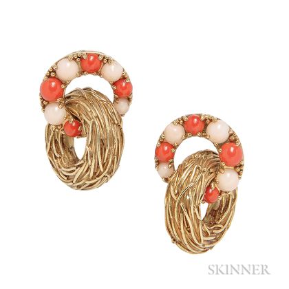 18kt Gold and Coral Earclips, Pomellato