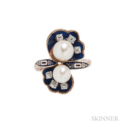 Gold, Enamel, Cultured Pearl, and Diamond Ring