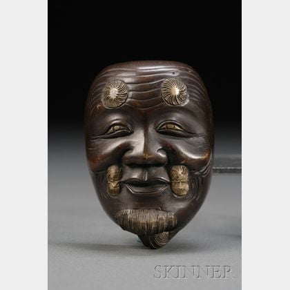 Two Japanese Meiji Period Mixed Metal and Bronze Miniature Noh Masks