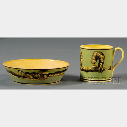 Yellow-glazed Mochaware Can and Saucer