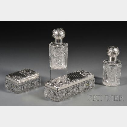 Four-piece Silver-mounted Cut Glass Dresser Set