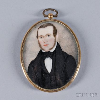 American School, Early 19th Century Miniature Portrait of a Gentleman with Long Sideburns