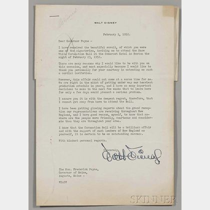 Disney, Walt (1901-1966) Typed Letter Signed 5 February 1952.