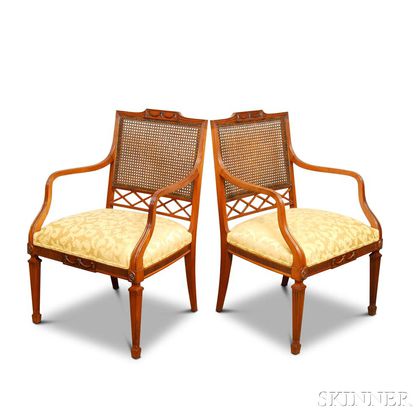 Pair of Paine Furniture Neoclassical-style Carved Mahogany Caned Armchairs