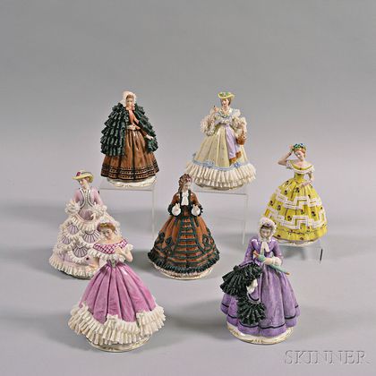 Set of Seven Sitzendorf Godey's Fashion Porcelain Figures