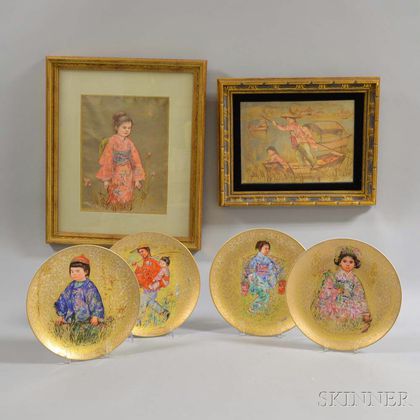 Four Rosenthal Edna Hibel Porcelain Plates and Two Framed Works. Estimate $20-200