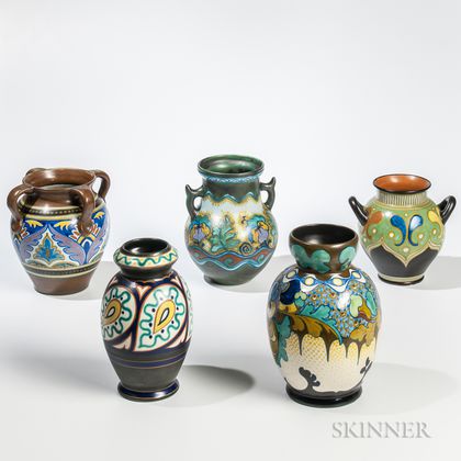 Five Gouda Pottery Vases