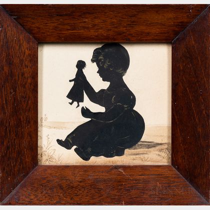 Cutwork and Watercolor Silhouette of a Girl Holding a Doll
