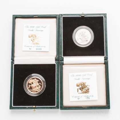 1990 and 1992 British Proof Double Sovereigns. Estimate $1,000-1,200