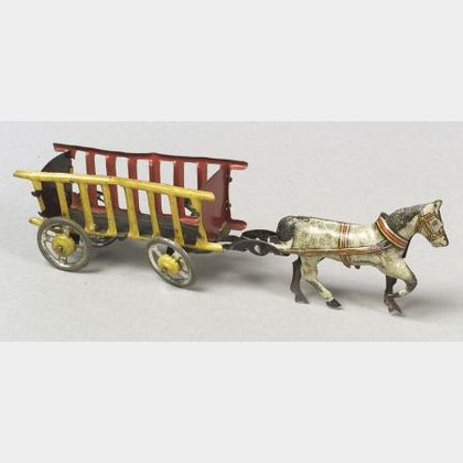 German Lithographed Tin Horse-drawn Hay Wagon Penny Toy