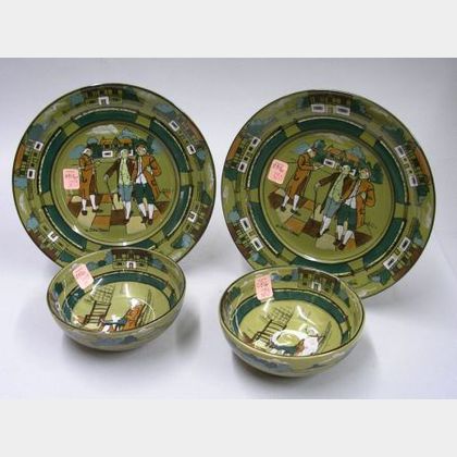 Pair of 1908 Buffalo Pottery Deldare Ware "Ye Olden Times" Plates and a Pair of 1909 "Ye Olden Days" Bowls