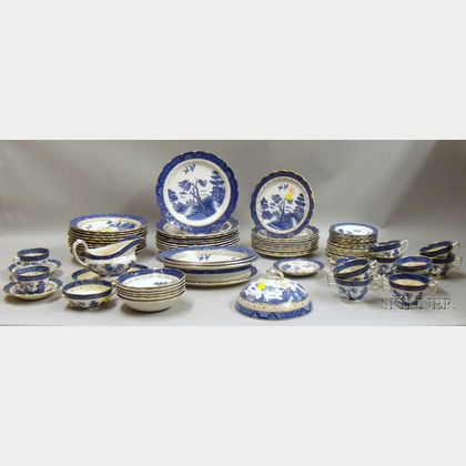 Blue and White Willowware Partial Dinner Service for Ten