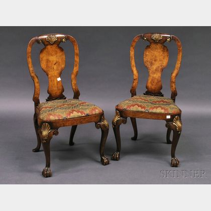 Pair of Georgian-style Burled Walnut and Gilt Side Chairs