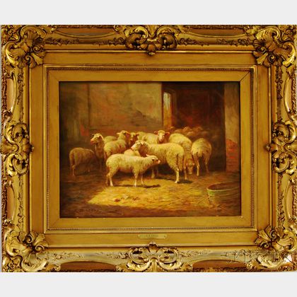 Clara Belle Owen (American, 1854-1955) Sheep in a Barn