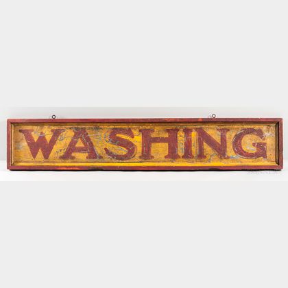 Painted Tin and Wood "WASHING" Sign