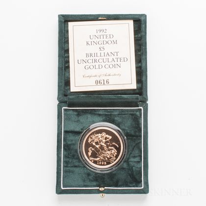 1992 British Proof Five Pound Gold Coin. Estimate $1,200-1,500
