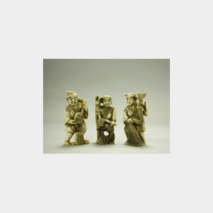 Three Japanese Carved Ivory Standing Figure Netsuke. 