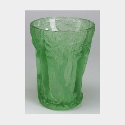 Large Green Relief Decorated Art Glass Vase