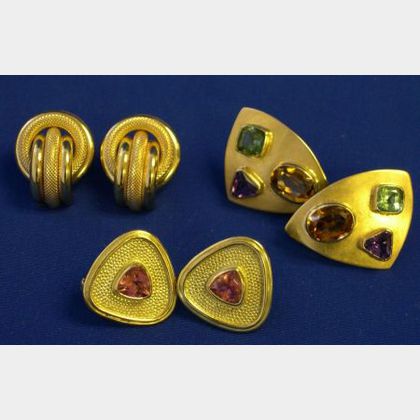 Three Pairs of Gold Earrings with Semi-precious Stones. 