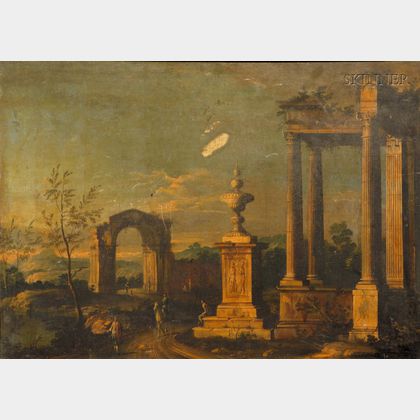 Manner of Leonardo Coccorante (Italian, 1700-1750) Landscape with Figures and Classical Ruins