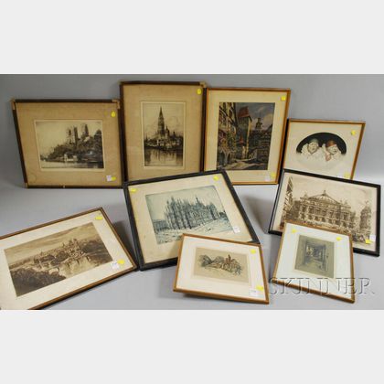 Nine Assorted Framed Etchings and Prints