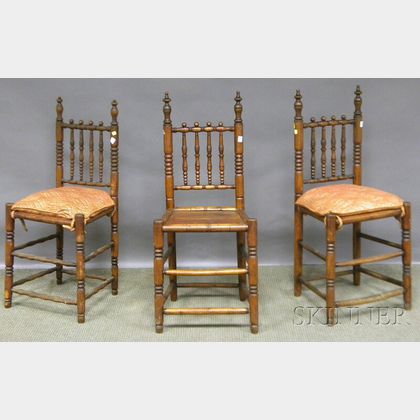 Three English Turned Oak Side Chairs with Plank Seats. 