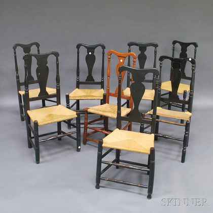 Eight Mostly Black-painted Country Queen Anne Yoke-back Side Chairs