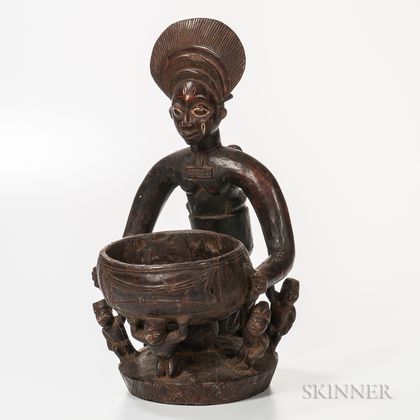 Yoruba-style Carved Wood Mother and Child with Vessel