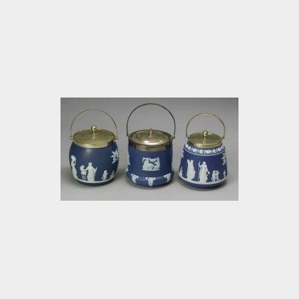Three Wedgwood Dark Blue Jasper Dip Biscuit Jars and Covers