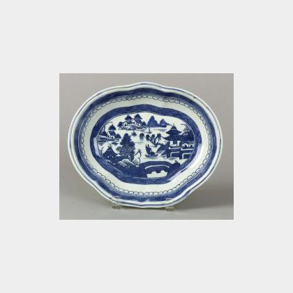 Canton Blue and White Porcelain Kidney Shaped Dish