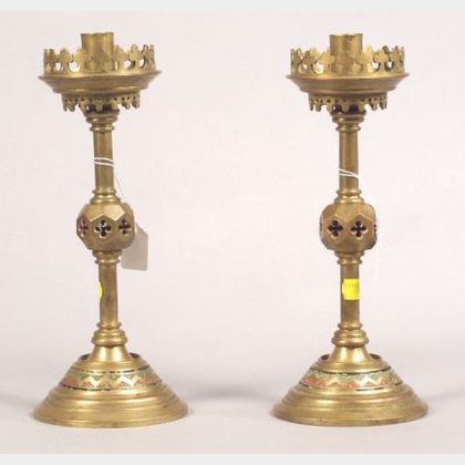Pair of Bronze and Enamel Gothic Revival Candlesticks